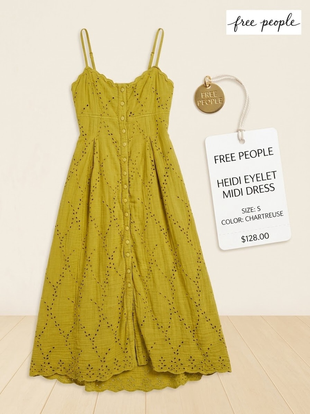 Free People Evelyn Eyelet Midi Dress Yellow Like New